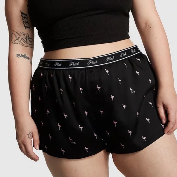 Victoria’s Secret PINK TENCEL BOXY PAJAMA SLEEP SHORTS Black Flamingo XS - Picture 1 of 7